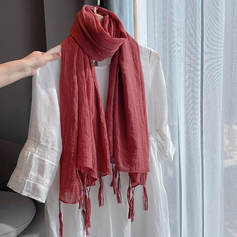 Beautiful Burgundy Colour Winding Tassel Cotton Hijab