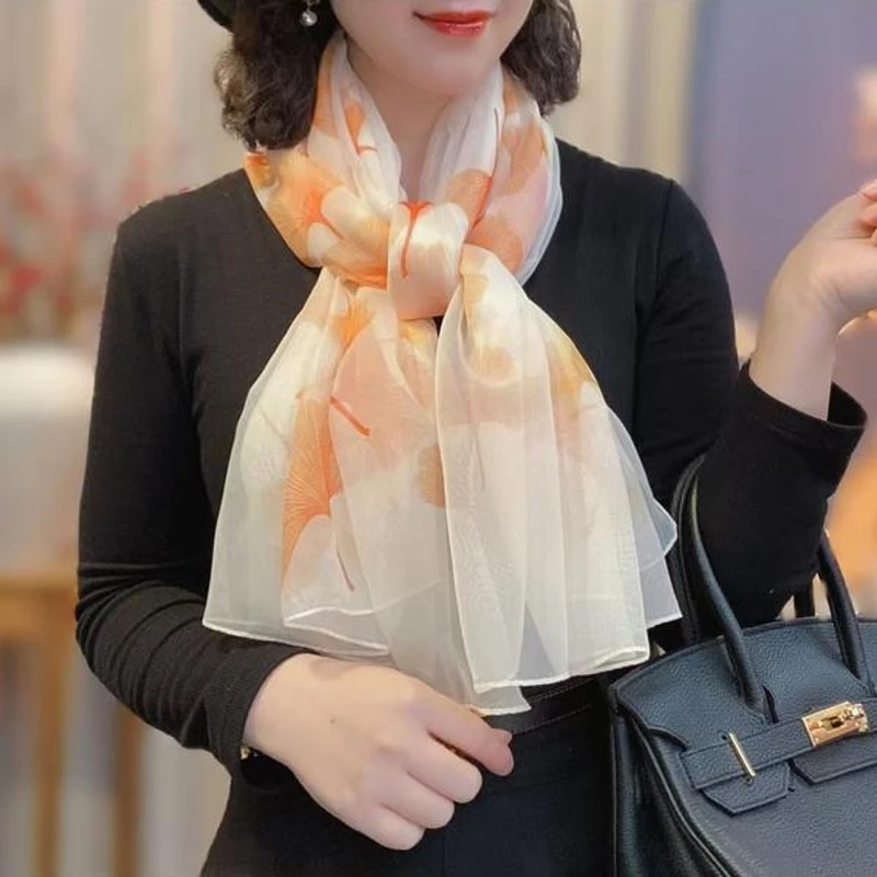 Light orange color floral pattern silk scarf / hijab - Thumbnail 3