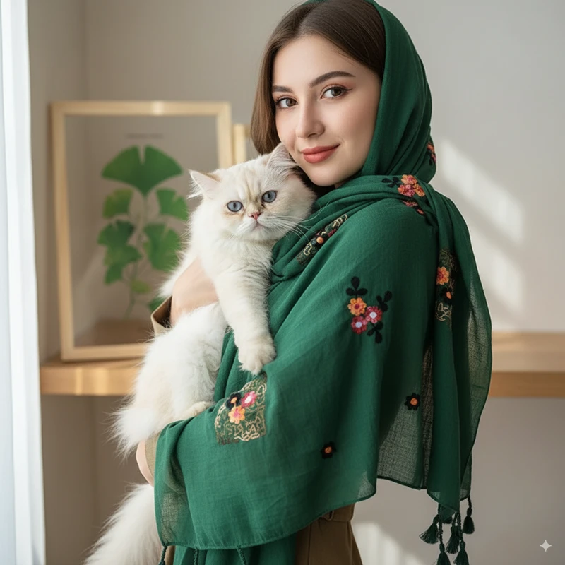 Elegant Green Color Embroidered Cotton Tassel Hijab/Orna