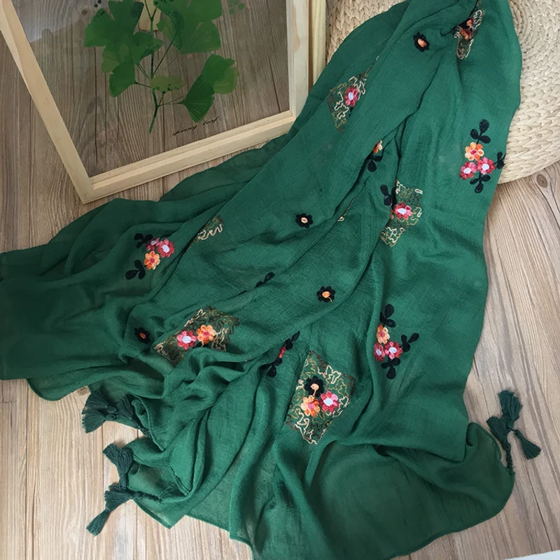 Elegant Green Color Embroidered Cotton Tassel Hijab/Orna