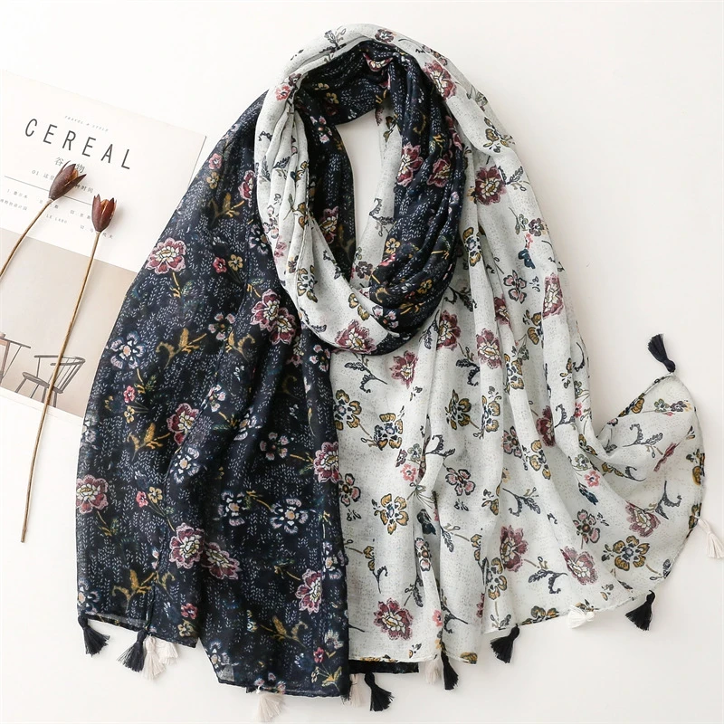 Floral printed tassel hijab ( navy blue & white mixe)