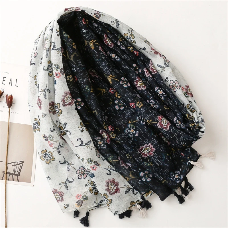 Floral printed tassel hijab ( navy blue & white mixe)