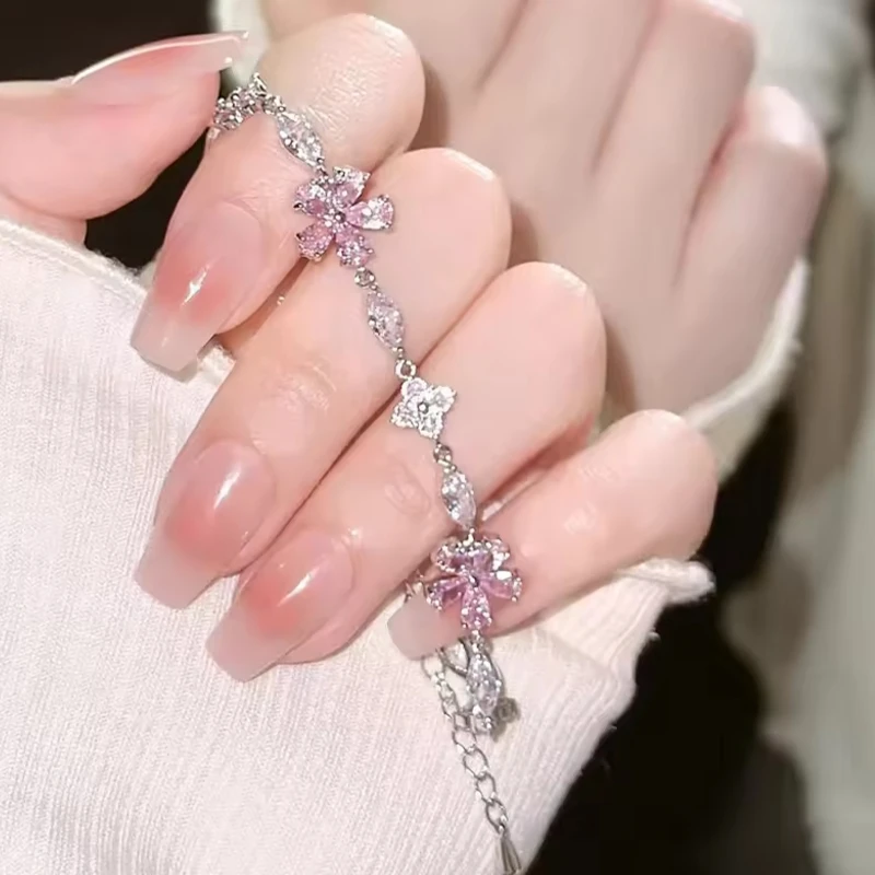 Elegant Fairy Pink Crystal Zircon Sakura Flowers Bracelet for Women