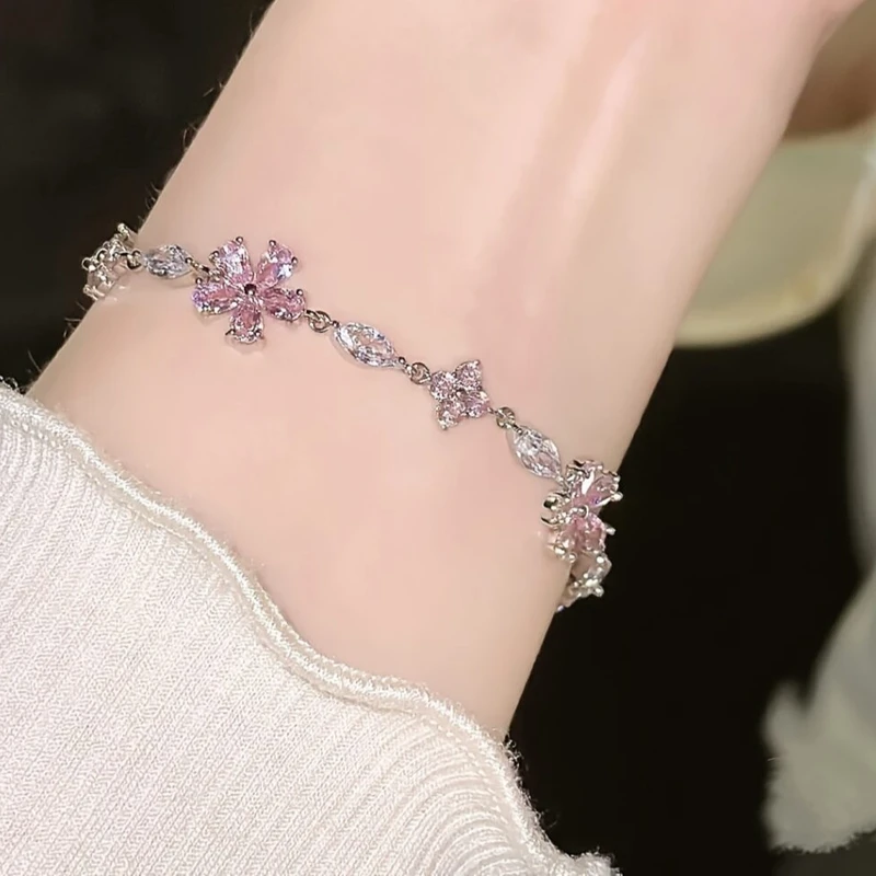 Elegant Fairy Pink Crystal Zircon Sakura Flowers Bracelet for Women