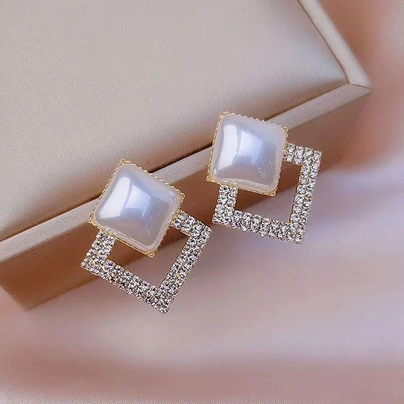 Imported Silver Needle Double Diamond Crystal Earnings - Thumbnail 3