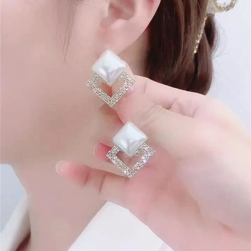 Imported Silver Needle Double Diamond Crystal Earnings - Thumbnail 4