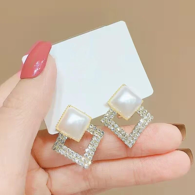 Imported Silver Needle Double Diamond Crystal Earnings - Thumbnail 5
