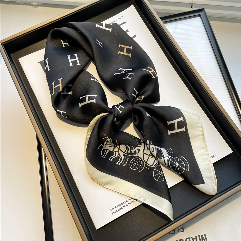 Stylish black printed square silk scarf
