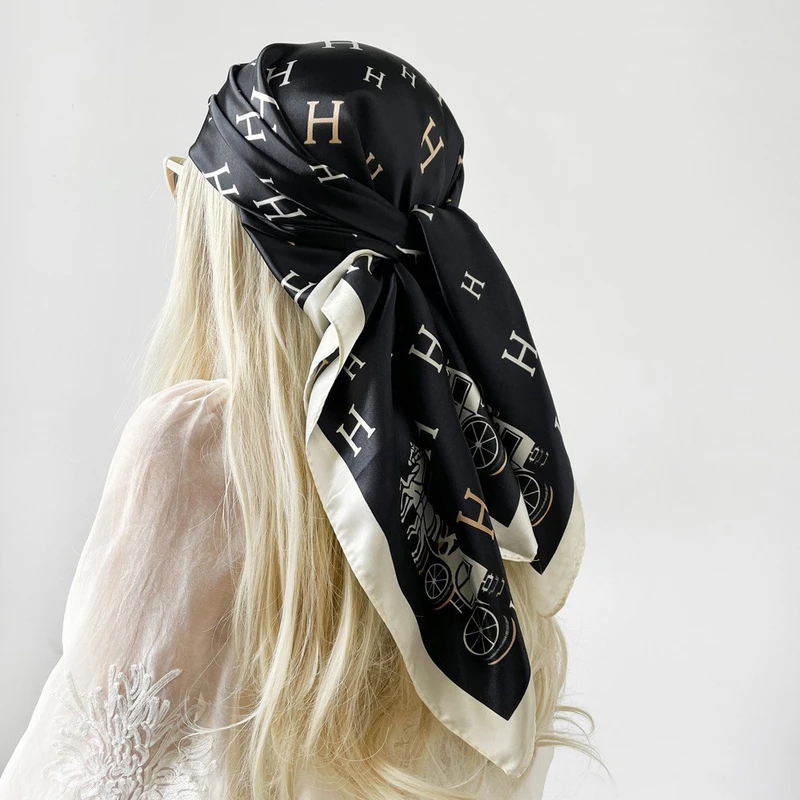 Stylish black printed square silk scarf - Thumbnail 3