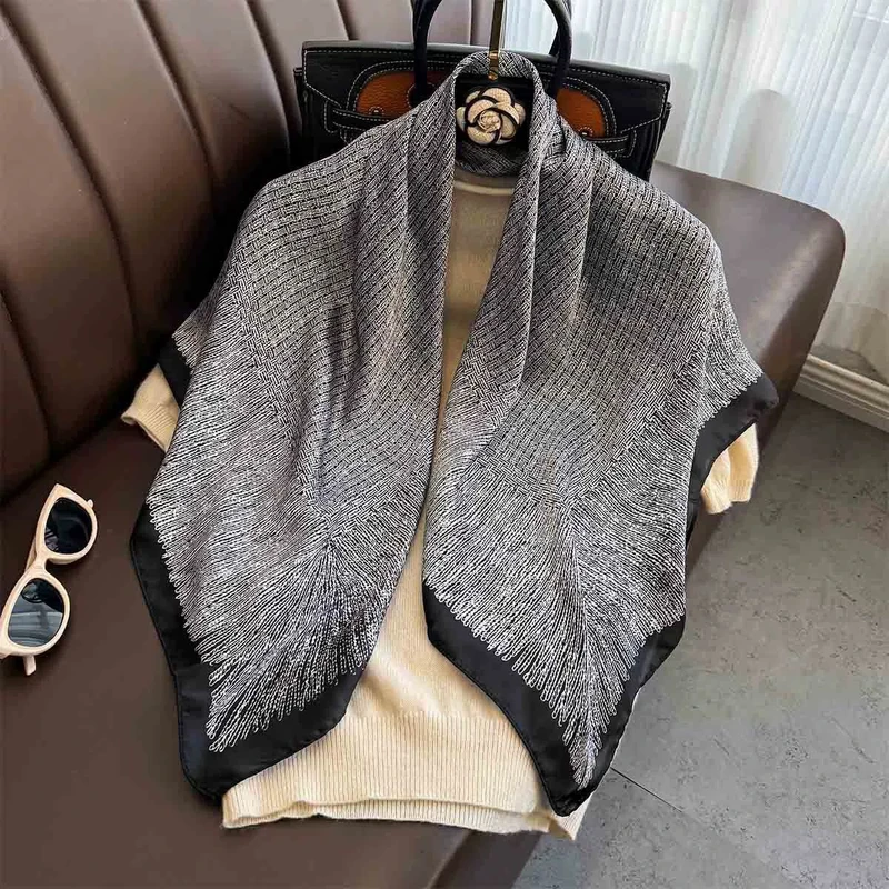 Grey printed square silk scarf