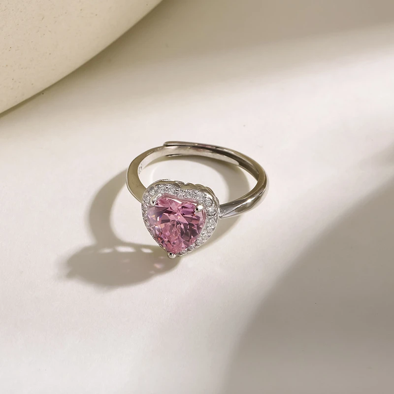 Pink Heart Shaped Cubic Zirconia Adjustable Ring - Thumbnail 5