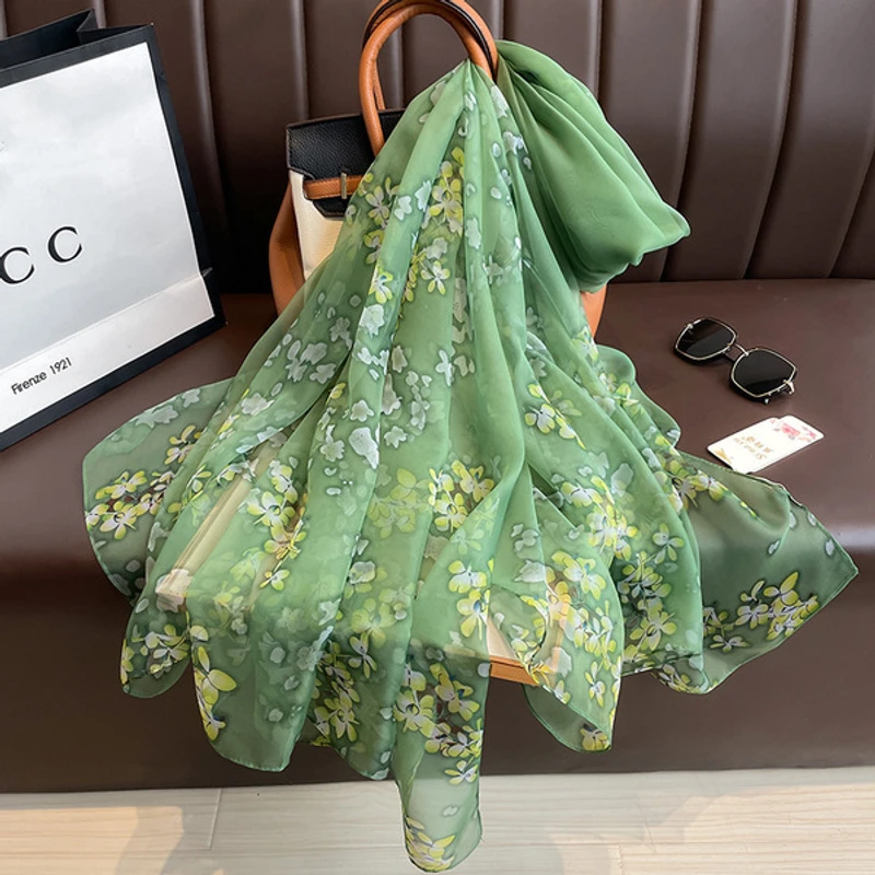 Beautiful green color floral printed long silk hijab / orna