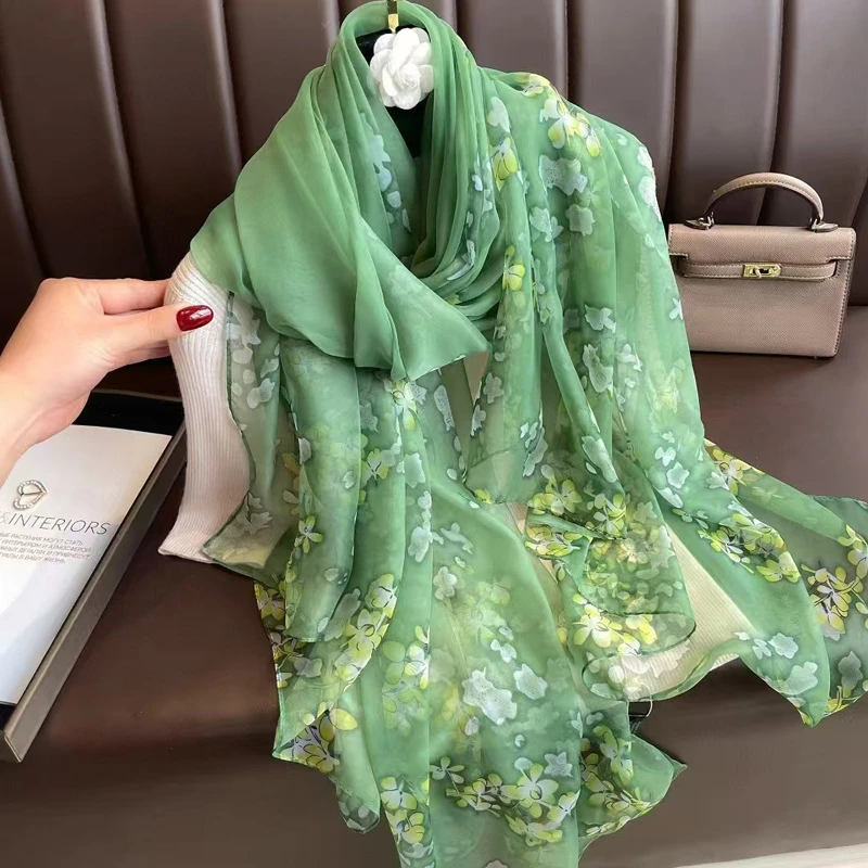 Beautiful green color floral printed long silk hijab / orna