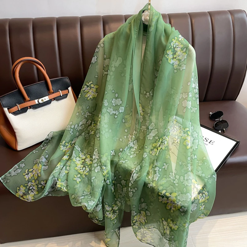 Beautiful green color floral printed long silk hijab / orna - Thumbnail 3