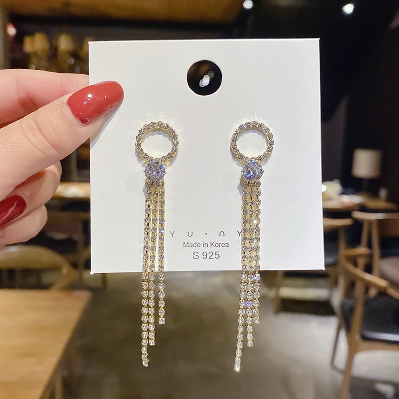 Shiny Silver Needle Exaggerated Diamond-encrusted Geometric Tassel Earrings