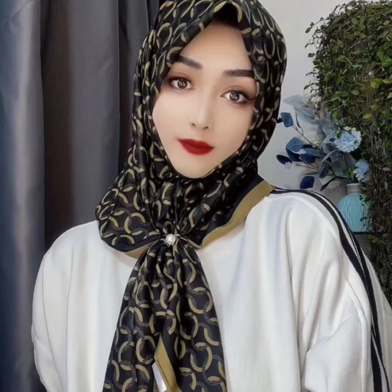 Black brown printed silk scarf