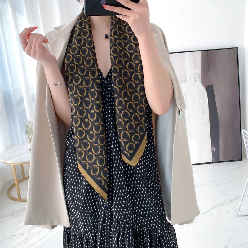 Black brown printed silk scarf - Thumbnail 3