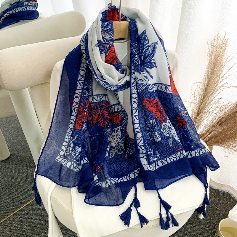 Beautiful Blue Color Long Cotton Tassel Hijab/Orna - Thumbnail 3