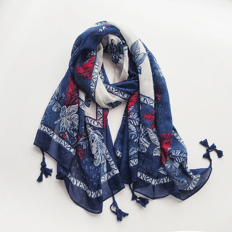 Beautiful Blue Color Long Cotton Tassel Hijab/Orna - Thumbnail 4