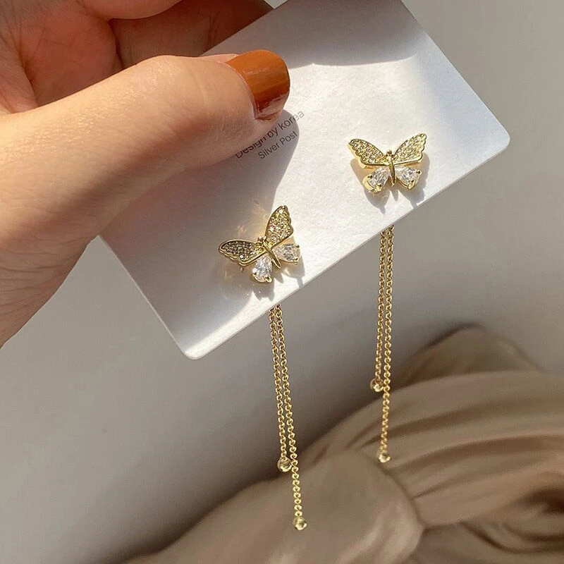 Stylish butterfly crystal tassel earrings