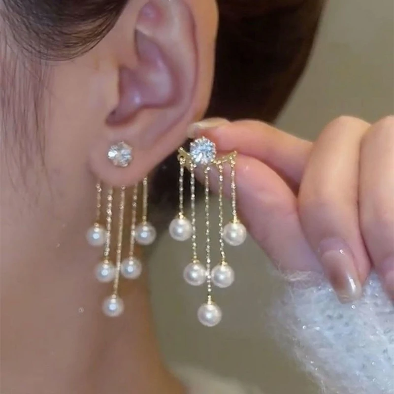 Luxury round pearl tassel earrings