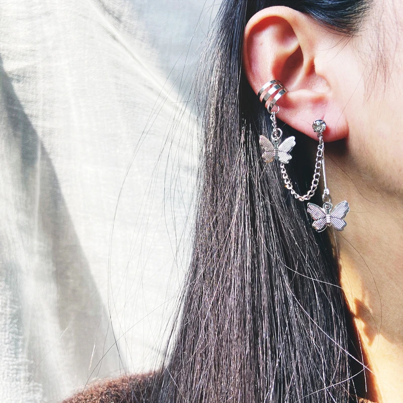 Stunning Silver Color Butterfly Ear Cuff Stud Earrings(  single piece)