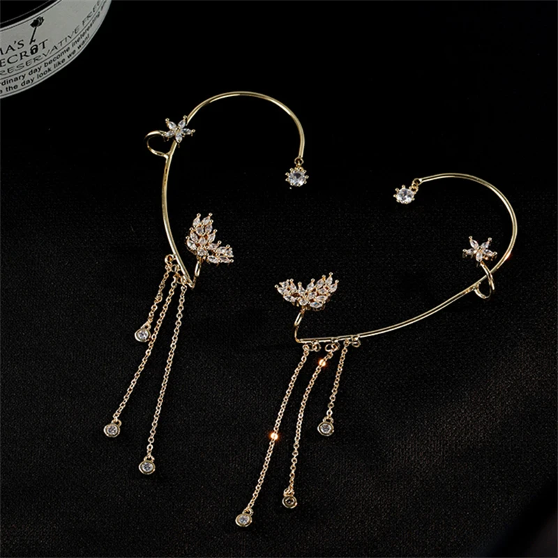 Stylish Sparkling Golden Color Crystal Flower Ear Cuff Without Piercing Clip Earrings