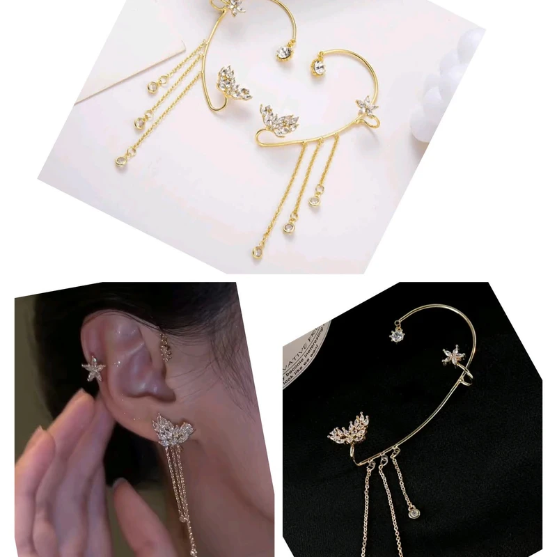 Stylish Sparkling Golden Color Crystal Flower Ear Cuff Without Piercing Clip Earrings - Thumbnail 3
