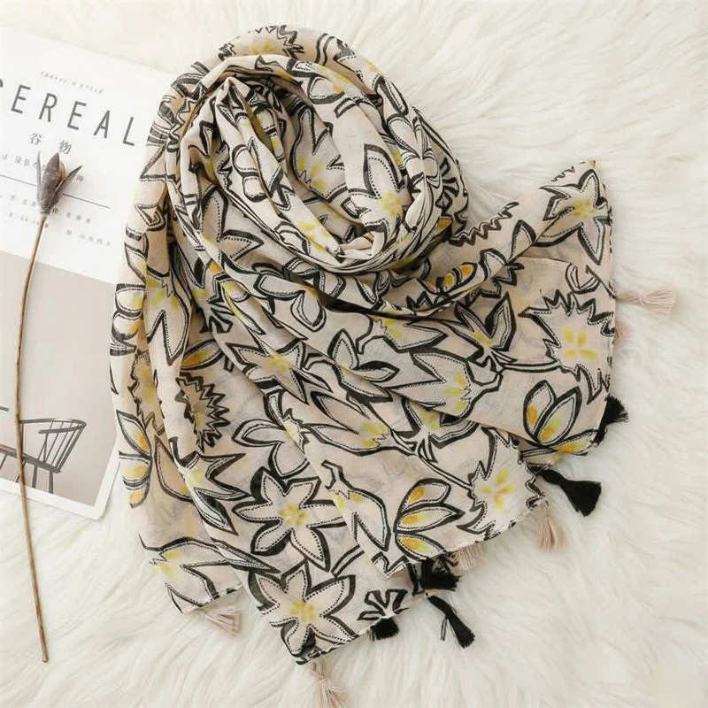 Beautiful Cream Color Long Tassel Cotton Hijab/Orna