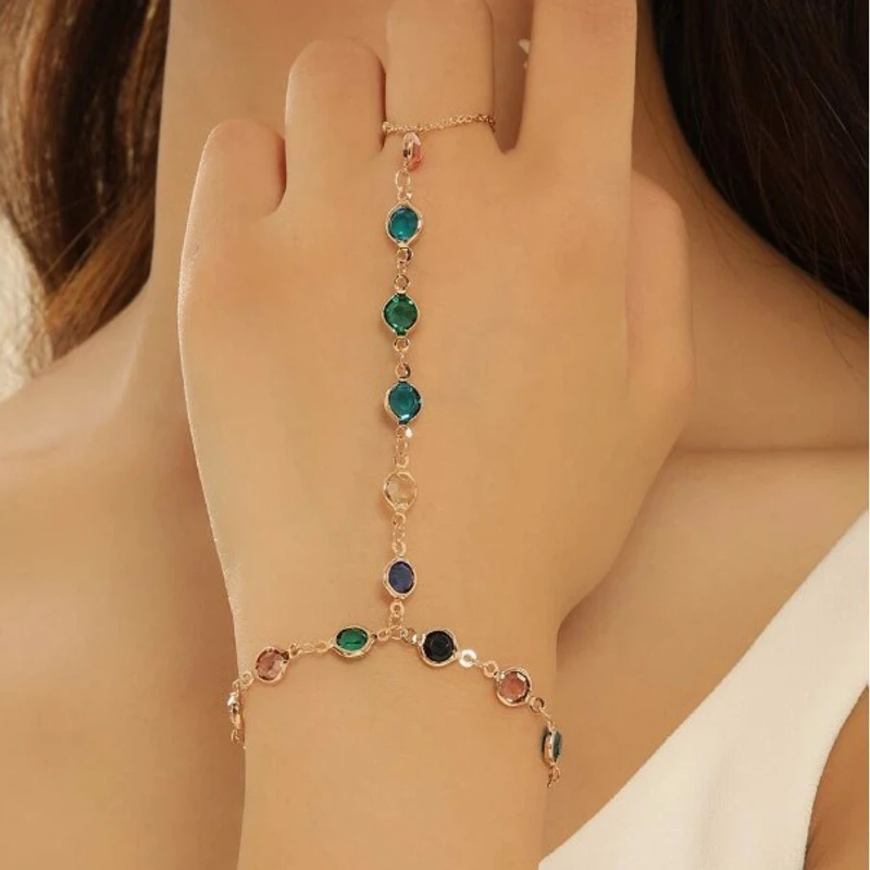 Stunning Colorful Link Bracelet Finger Ring For Women Connecting Ring Bracelet Chain Bracelet
