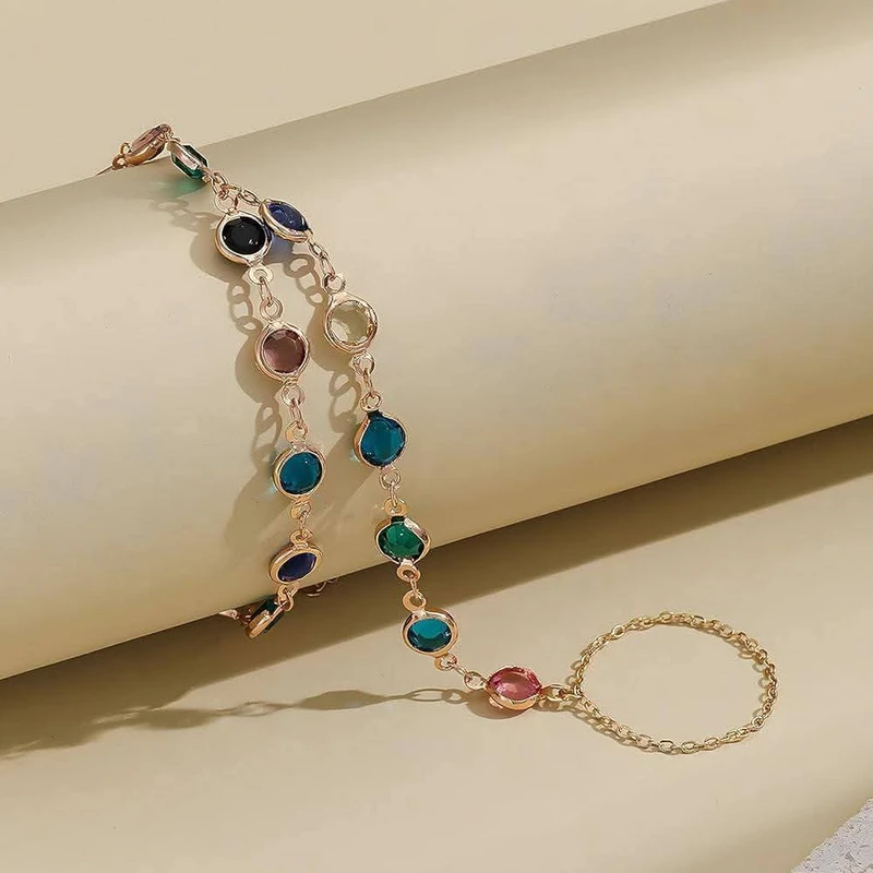 Stunning Colorful Link Bracelet Finger Ring For Women Connecting Ring Bracelet Chain Bracelet