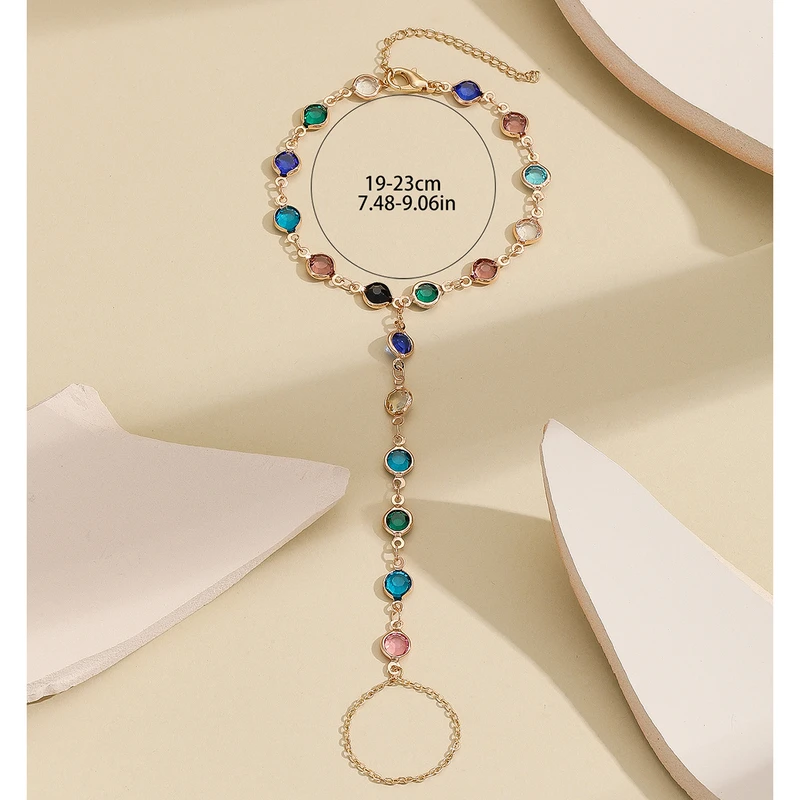 Stunning Colorful Link Bracelet Finger Ring For Women Connecting Ring Bracelet Chain Bracelet - Thumbnail 3