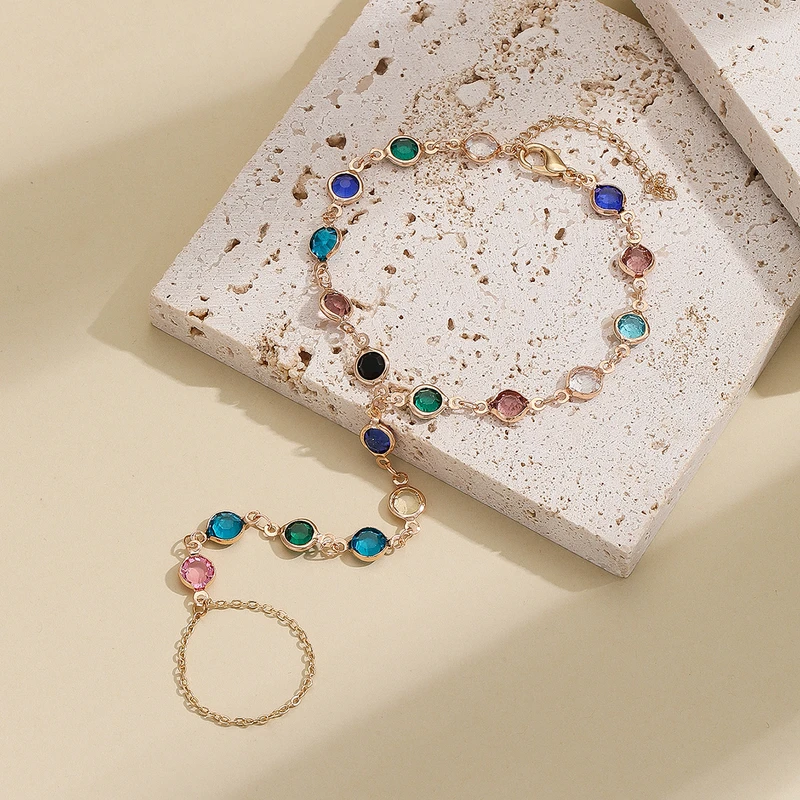 Stunning Colorful Link Bracelet Finger Ring For Women Connecting Ring Bracelet Chain Bracelet - Thumbnail 4