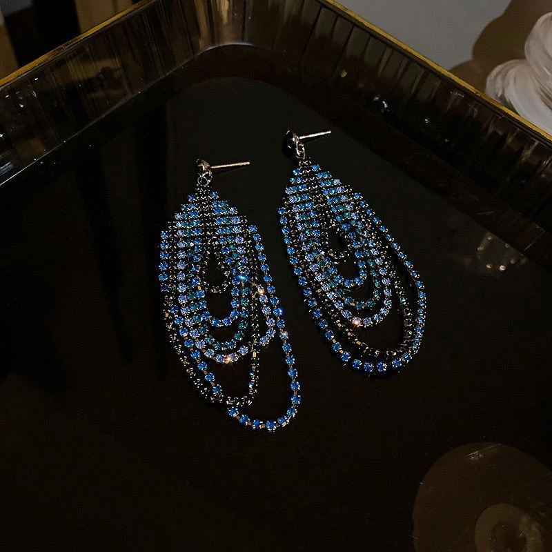 Blue color long tassel earrings