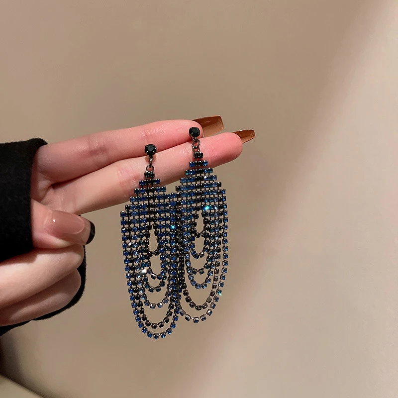 Blue color long tassel earrings - Thumbnail 3