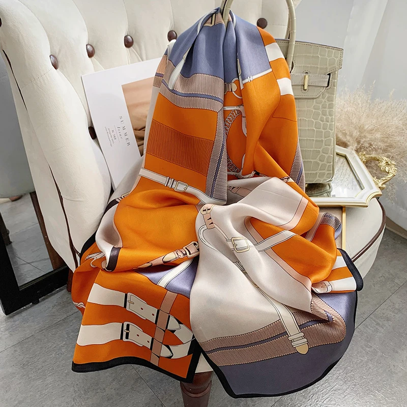 Orange & Blue printed silk hijab - Thumbnail 3