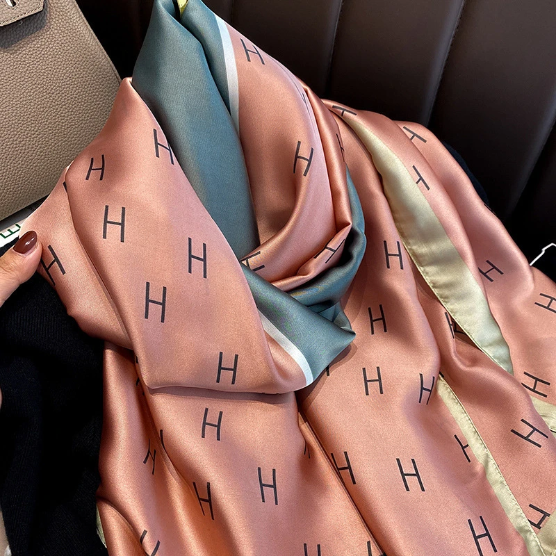 Pink with blue green mixed printed glossy silk hijab