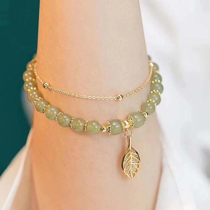 Chinese Style Green Jade Bracelet For Women Exquisite Gold Color Leaves Wrist Strap - Thumbnail 3