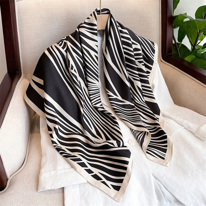 Black white printed square silk scarf