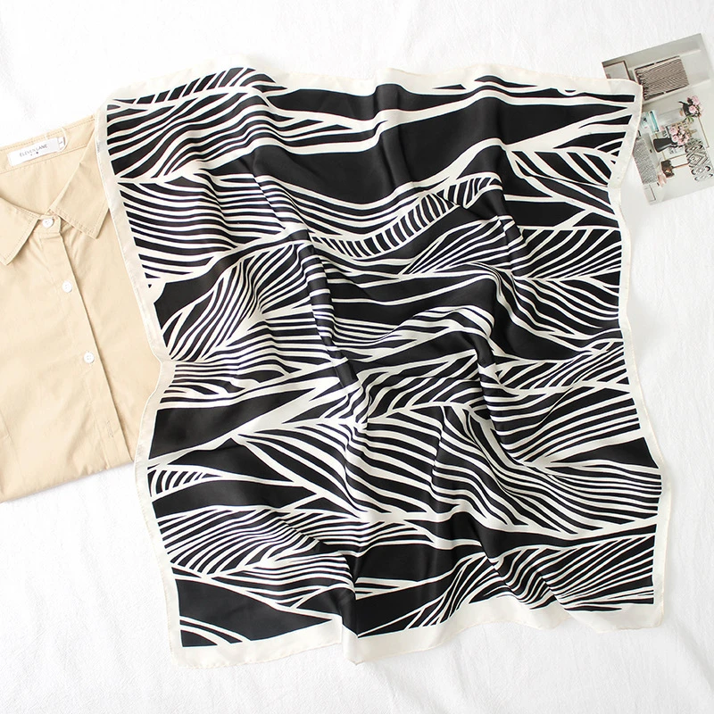 Black white printed square silk scarf