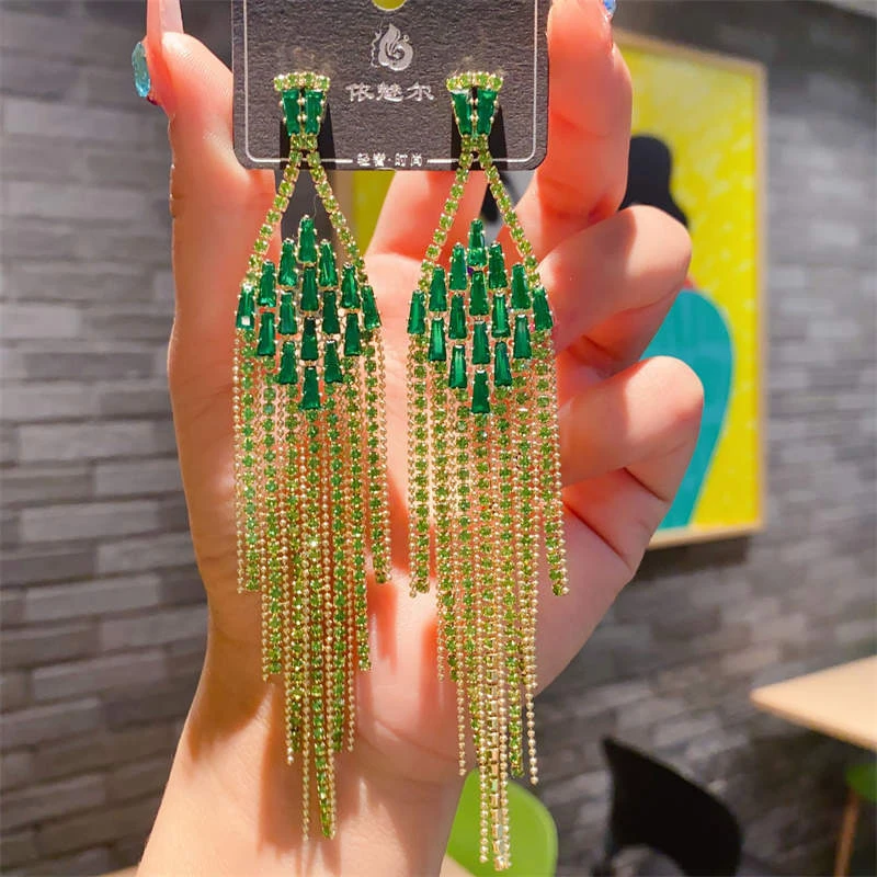 Elegant green color crystal long tassel earrings