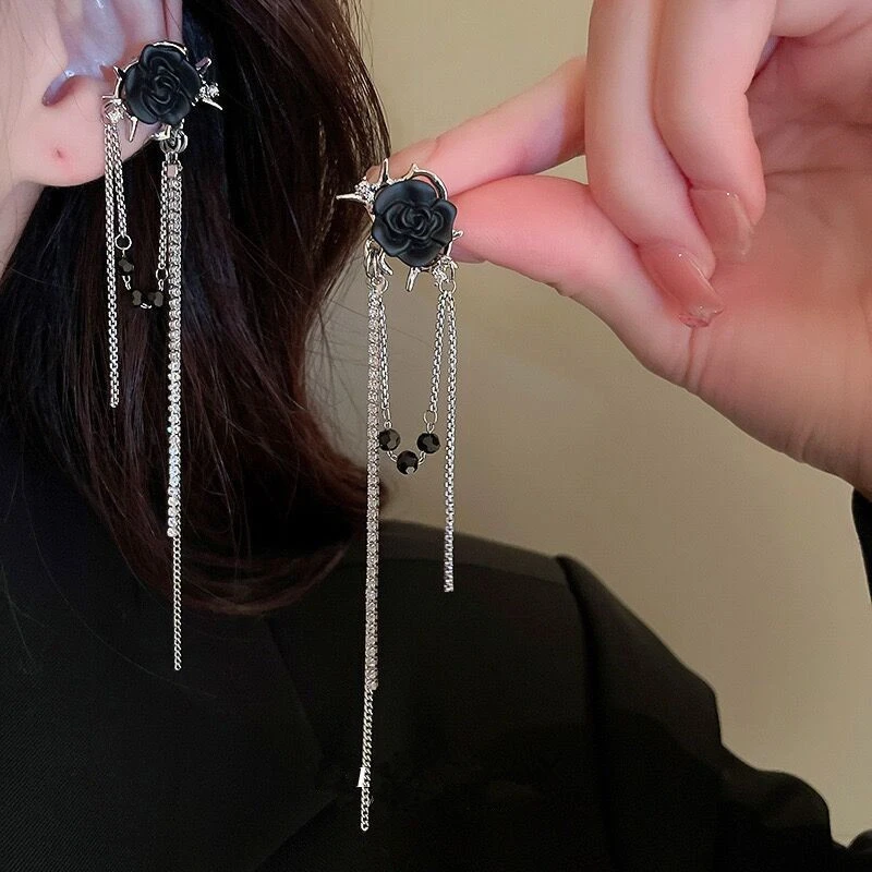Elegant black rose long tassel earrings