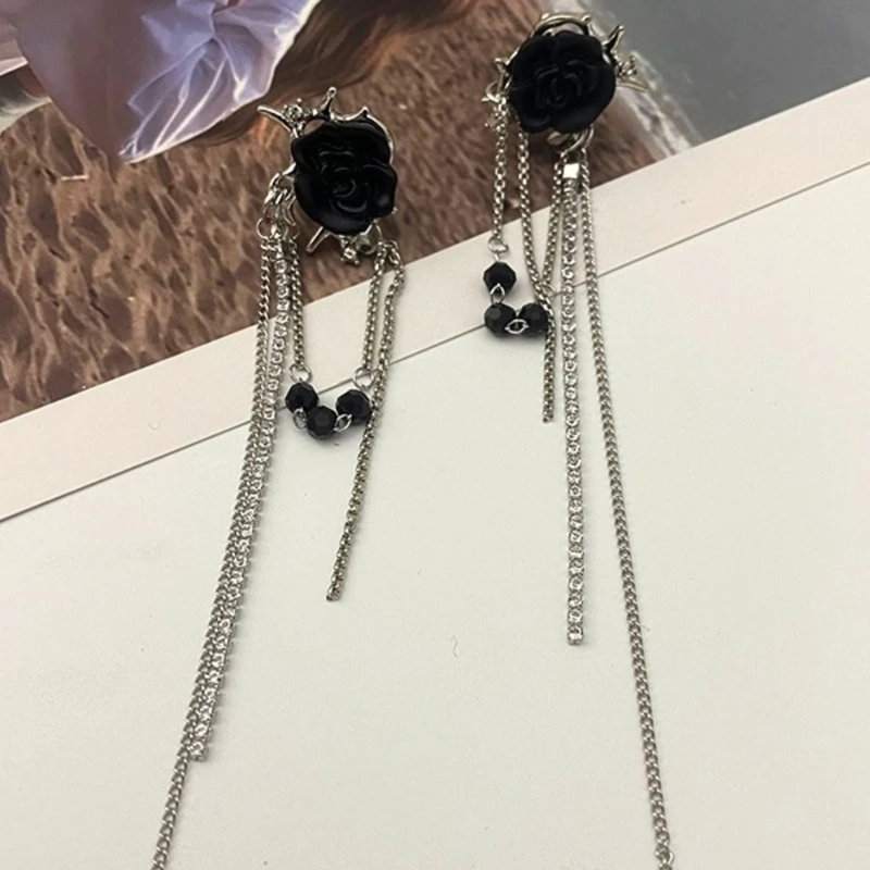 Elegant black rose long tassel earrings