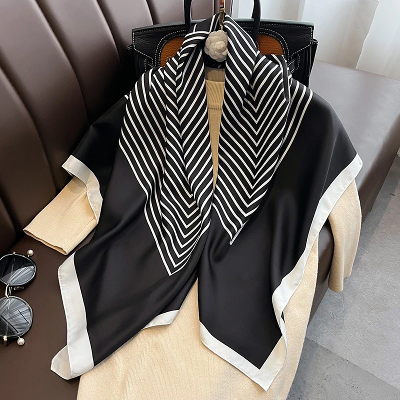 Elegant black white printed silk scarf / hijab