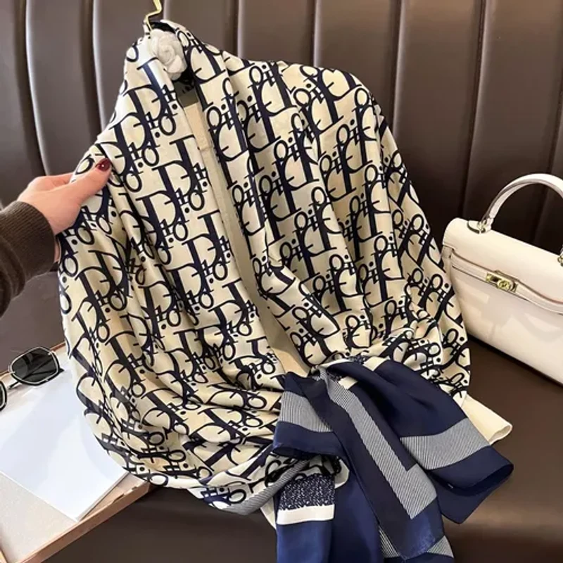 Elegant blue & off white mixed printed shiny silk hijab/orna