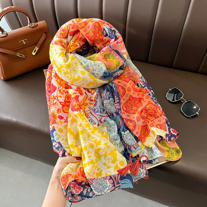 Colorful floral printed long tassel cotton hijab/orna