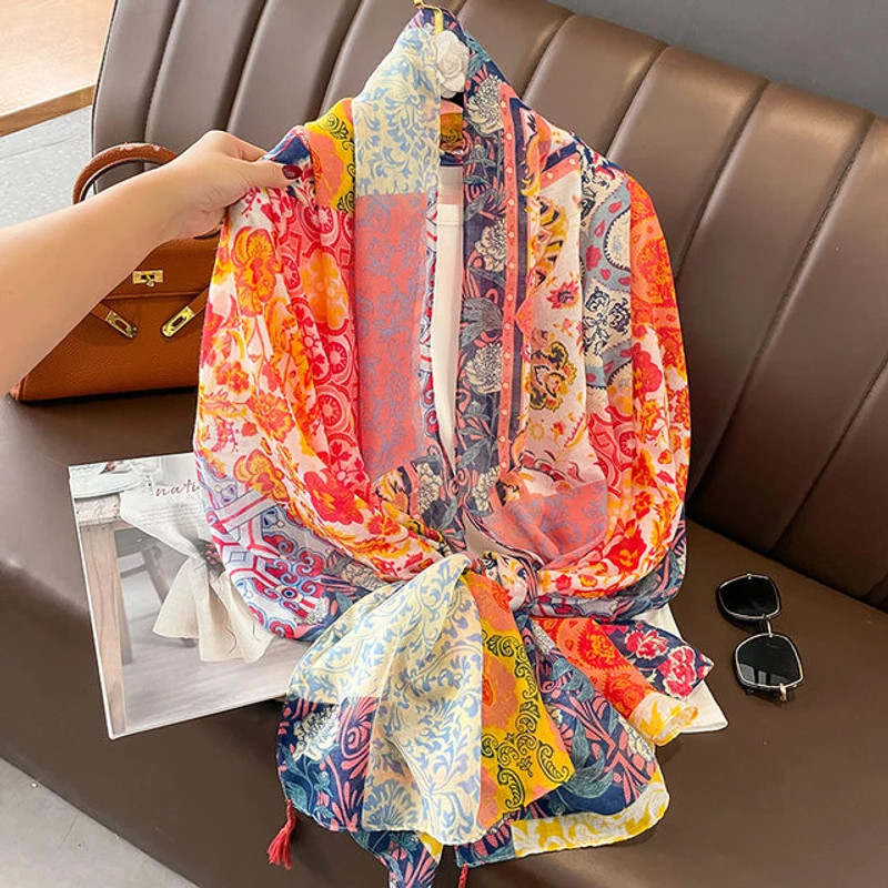 Colorful floral printed long tassel cotton hijab/orna