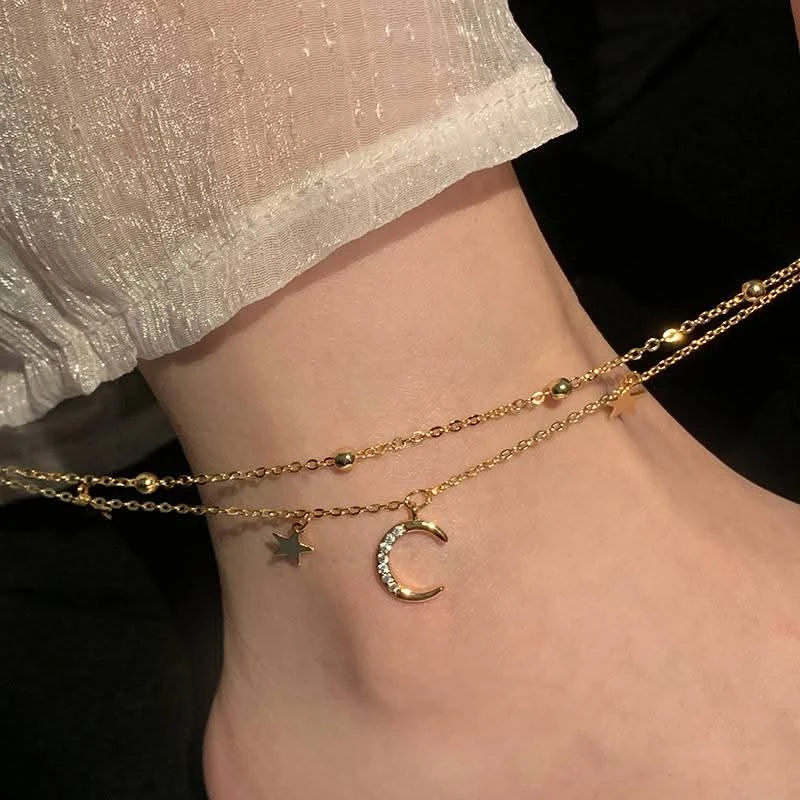 Gold Plated Double Layered Chain Link Charm Pendant Beaded Moon Star Zircon Anklets for Women