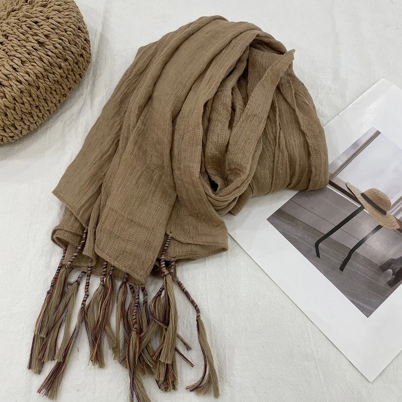 Elegant khaki colour winding tassel cotton hijab