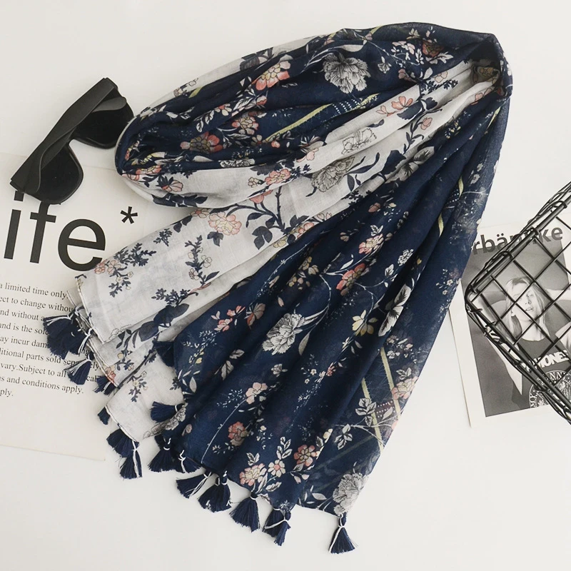 Navy blue & white mixed flower printed tassel hijab / orna